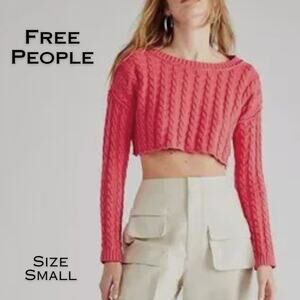Free People Cropped Sweater Small Bright Pink Chunky Cable Knit Long Sleeve